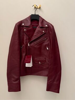 Gucci Women's Wine Red Leather Moto Jacket